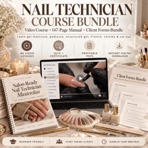 May include: A nail technician course bundle featuring a 147-page manual titled Salon-Ready Nail Technician Masterclass, a laptop displaying video lessons, a client forms bundle, nail polish color swatches, and professional nail tools.