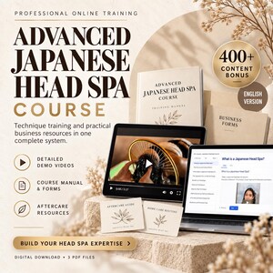 Könnte beinhalten: Professionelles Online-Training für einen fortgeschrittenen japanischen Head-Spa-Kurs. Enthält ein Schulungshandbuch, Geschäftsformulare, Demo-Videos, Nachsorge-Ressourcen und Anleitungen für die Heimpflege. Der digitale Download besteht aus 3 PDF-Dateien mit Inhalten zu Head-Spa-Techniken.