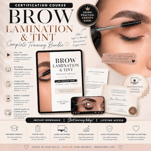May include: A digital training bundle for brow lamination and tinting, featuring a tablet displaying a manual, a smartphone with a video, a client consent form, and a certificate of completion. The design includes text, icons, and a close-up image of an eyebrow.