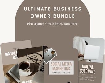 May include: An Ultimate Business Owner Bundle graphic with the text "Plan smarter. Create faster. Earn more." The image includes a laptop, coffee, glasses, and planners labeled "Digital Collection," "Business Owner Planner," "Social Media Marketing Planner & Tracker," and "Digital Goldmine."