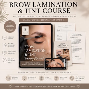 May include: A digital brow lamination and tint course kit featuring a tablet displaying a training manual, a smartphone showing a video tutorial, and printed client consultation, aftercare, and training manual documents on a beige background.