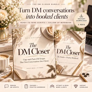 Puede incluir: Dos guías digitales tituladas The DM Closer, que incluyen un libro de guiones de 70 páginas y un cuaderno de ejercicios de seguimiento. Las portadas son de color crema con texto marrón oscuro, mostrando el logo de Digital Bliss Academy y detalles.