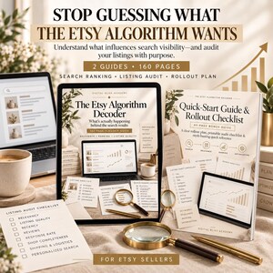 Puede incluir: Dos guías educativas tituladas The Etsy Algorithm Decoder y Quick-Start Guide & Rollout Checklist, con un total de 160 páginas. El conjunto incluye listas de verificación impresas, una lupa y un bolígrafo dorado para ayudar con el ranking de Etsy.