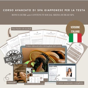 May include: An advertisement for a Japanese Head Spa online course. The image includes documents, a tablet, and a smartphone displaying course content. The text includes "Best Seller" and "Japanese Head Spa Online Course". The Italian flag is also visible.