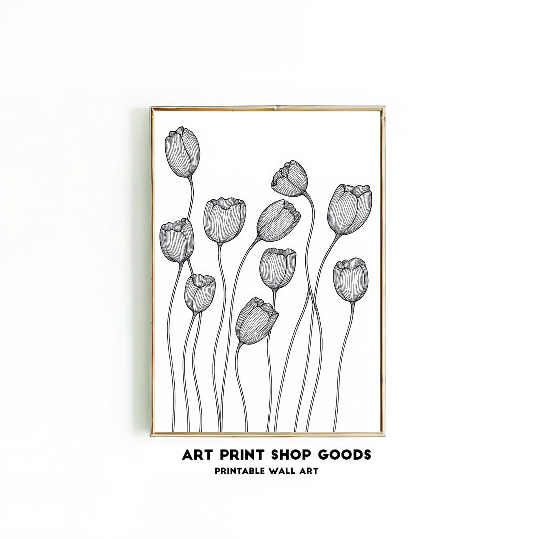 Minimalist Tulip Line Art – Black & White Floral Digital Print - Etsy
