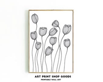 Minimalist Tulip Line Art – Black & White Floral Digital Print