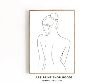 Könnte beinhalten: Ein gerahmter Kunstdruck mit einer minimalistischen Strichzeichnung einer Person von hinten, mit einem Dutt. Das Kunstwerk besteht aus schwarzen Linien auf weißem Hintergrund, mit dem Text "ART PRINT SHOP GOODS PRINTABLE WALL ART" unten.