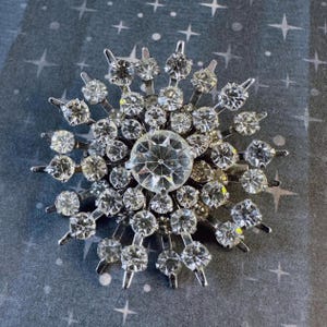 Mid-Century Silver Tone And Crystal Sunburst Pin Brooch
