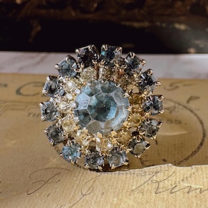 Mid-Century Silver-Tone and Light Blue Crystal Adjustable Ring