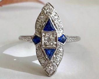 Art Deco Platin, Diamant und Saphir Navette Ring