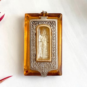 Art Deco Czechoslovakian Glass and Silver-Plated Catholic Pocket Shrine Locket