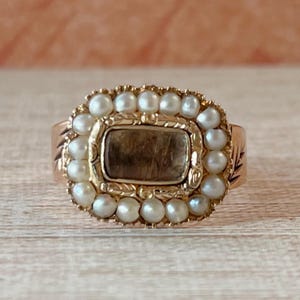 Antique Georgian 10k Gold, 14k Gold, and Seed Pearl Mourning Locket Ring