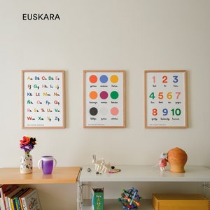 Pósters A3 en Euskera. Láminas del abecedario, números y colores para niños (casa, guardería o escuela). Impresiones de alta calidad.