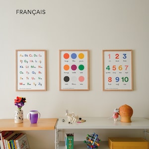 Poster A3 in francese. Fogli con alfabeto, numeri e colori per bambini (casa, asilo nido o scuola). Stampe di alta qualità.