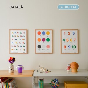 Schede didattiche in catalano. Set di 3 poster Montessori per bambini (download digitale). Alfabeto, colori e numeri da 1 a 10.