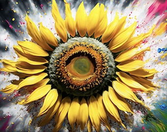 Single Sunflower Digital Artwork - Maxlimalism, Colorful Painting