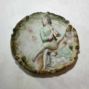 Porcelain Flute Player with Lamb Japanese Decorative Hanging Plate post WWII 8055 6&quot;