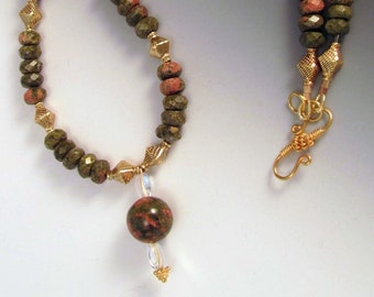 Unakite Vermeil Necklace Forest Earth Mother Crystal