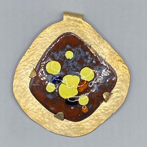 Vintage Handmade 1950s Vitreous Enamel set in Modern Handmade Golden Brass Pendant
