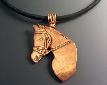 Perfil de cabeza de caballo Colgante Collar de oro de bronce OOAK Hombre Unisex único Mujeres