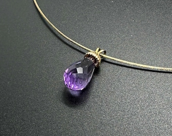 Amethyst Faceted Drop Briolette on Gold Necklace