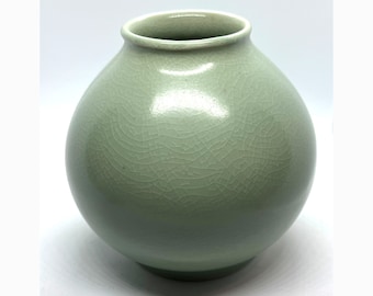 Vintage Korean Glazed Vase Pot Pottery Ceramics Crackle Glaze Green