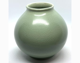 Vintage Korean Glazed Vase Pot Pottery Ceramics Crackle Glaze Green