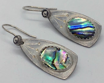 Abalone and Sterling Silver Earrings one of a kind unique handmade sea shell cabochon dangle