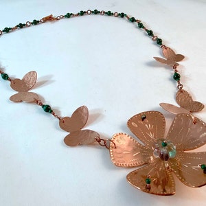 Handmade One of a Kind Unique Copper Flower and Butterfly Pendant Necklace with Fluorite and Malachite