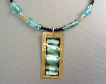 Handmade OOAK Vitreous Enamel on Copper Pendant Necklace Brass Setting Vintage Glass Bluestone "Water Memories"