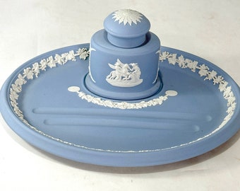 Vintage Wedgwood Desk Set Blue Jasper Oval Pen Tray Lidded Inkwell