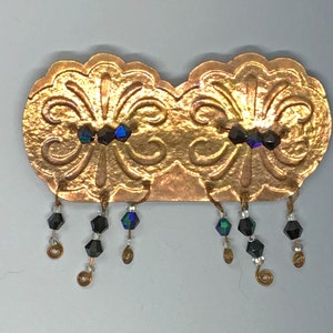 Embossed Copper Swirl Brooch with Vintage Glass Crystals and Beads