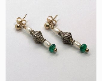 OOAK Handmade Golden Emeralds Dangle Earrings Emerald Pearls Vermeil