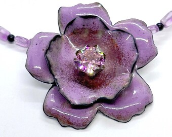 OOAK Handmade "Spring Flower" Necklace Vitreous Enamel Zircon Amethyst Black Druzy Sterling Silver