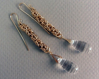 Gold Filled Chain Maille Earrings with Faceted Quartz Crystal Briolettes OOAK Dangles