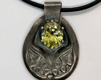 OOAK Handmade Spring Garden Evening Necklace Pendant Zircon Sterling Silver Leather