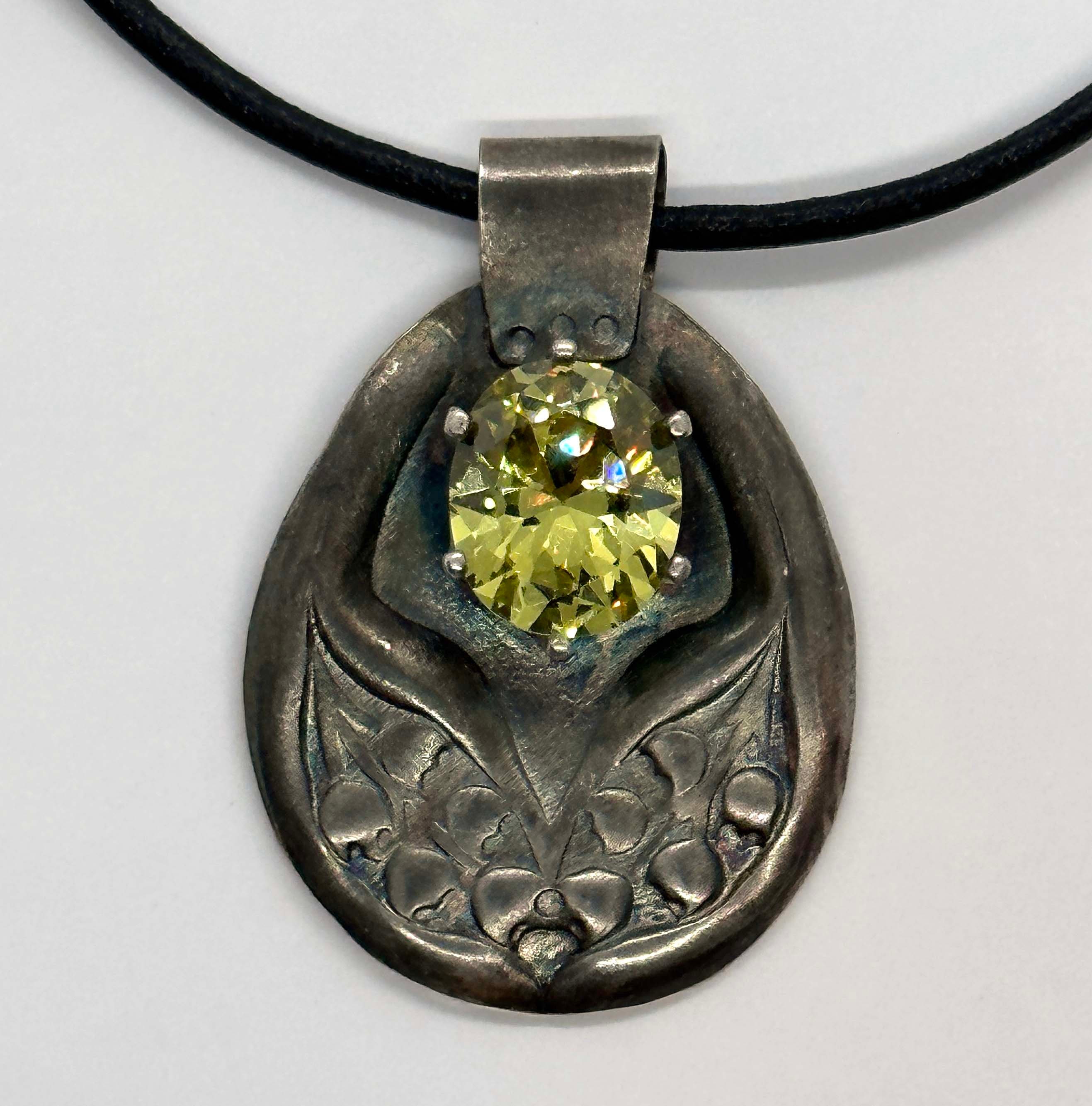 OOAK Handmade Spring Garden Evening Necklace Pendant Zircon Sterling Silver Leather