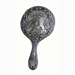 Antique 1913 Sterling Silver Hand Mirror Ornate Repousse' 1863 Monogramed WW 50th Anniversary Birthday Embossed British image 1