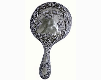 Antique 1913 Sterling Silver Hand Mirror Ornate Repousse' 1863 Monogramed WW 50th Anniversary Birthday Embossed British