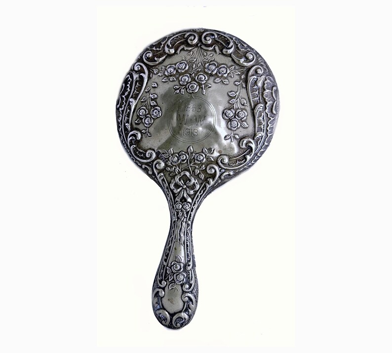 Antique 1913 Sterling Silver Hand Mirror Ornate Repousse' 1863 Monogramed WW 50th Anniversary Birthday Embossed British image 1