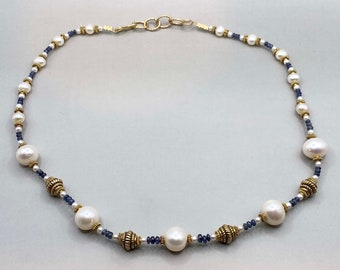 Sapphire, Pearl, Vermeil, 14KGF Necklace  OOAK Handmade Adjustable 16-17"