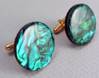 Cufflinks Cuff Links Green Paua Shell Gold Plated OOAK Mens Jewelry