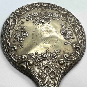 Antique 1913 Sterling Silver Hand Mirror Ornate Repousse' 1863 Monogramed WW 50th Anniversary Birthday Embossed British image 2