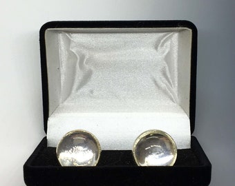 Clear Glass Cabochon Silver Cufflinks Unisex Mens Womens Handmade Bezel Set