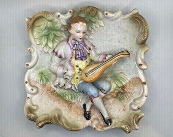 Vintage Handpainted Japanese Ceramic Porcelain Man Playing the Lute Wall Decor