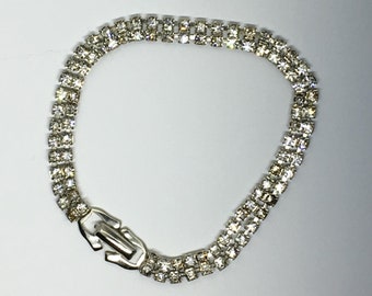 Vintage Mid-Century Rhinestone Silver Tennis Bracelet Double Strand