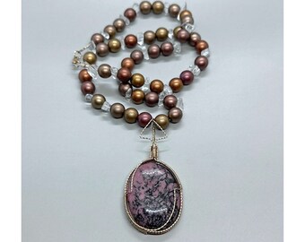 OOAK "Golden Twilight" Necklace Handmade Rhodonite Quartz Gold Czech Preciosa Pearls