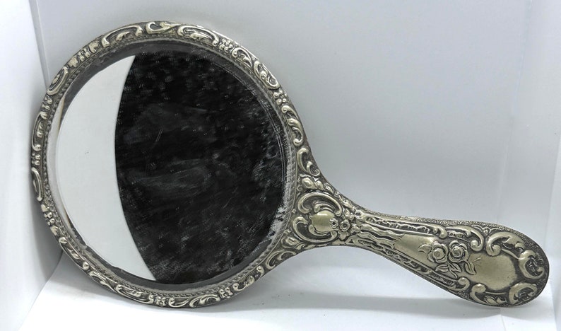 Antique 1913 Sterling Silver Hand Mirror Ornate Repousse' 1863 Monogramed WW 50th Anniversary Birthday Embossed British image 4