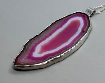 OOAK "Pink Dreams" Agate Slice Sterling Silver Necklace 24" Handmade Gemstone
