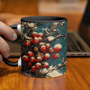 Festive Winter Snowy Berry Mug, Christmas Holiday Coffee Cup, Seasonal Hot Beverage Mug, Cozy Winter Drinkware, Holiday Gift Idea